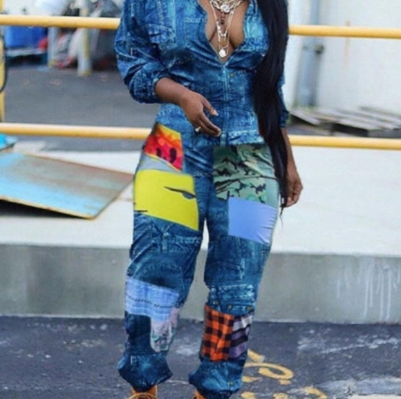 Denim Look Patchwork Jumpsuit - Picture 1 of 2